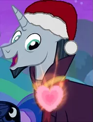 Size: 463x607 | Tagged: safe, derpibooru import, editor:incredibubbleirishguy, chancellor neighsay, school raze, christmas, cropped, hat, heart, holiday, image, png, reformed, santa hat