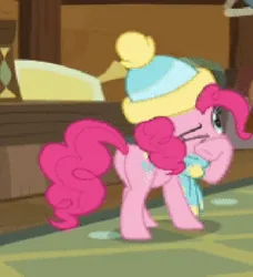 Size: 585x642 | Tagged: safe, derpibooru import, pinkie pie, best gift ever, animated, balloonbutt, butt, clothes, cropped, flank, hat, image, non-animated gif, png, scarf