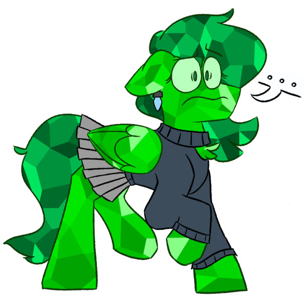 Size: 1500x1500 | Tagged: safe, artist:grandfinaleart, derpibooru import, oc, oc:emerald radiance, unofficial characters only, crystal pony, pegasus, pony, ..., angry, clothes, concerned, concerned pony, crystal pony oc, digital art, female, folded wings, green eyes, green hair, green mane, green pony, green tail, image, mare, pegasus oc, png, raised hoof, scowl, simple background, skirt, solo, solo female, sweater, tail, transparent background, turtleneck, wings, worried
