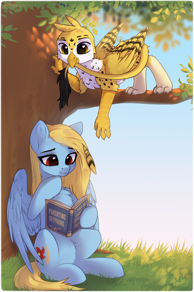 Size: 1956x2940 | Tagged: safe, artist:anku, derpibooru import, oc, oc:beaky, oc:brave blossom, unofficial characters only, gryphon, pegasus, pony, fanfic:yellow feathers, book, cutie mark, derpibooru exclusive, duo, female, griffon oc, image, male, mother and child, mother and son, pegasus oc, png, simple background, tree, wings