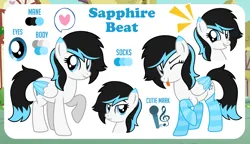 Size: 1200x689 | Tagged: safe, artist:jennieoo, derpibooru import, oc, oc:sapphire beat, pegasus, pony, clothes, commission, cute, cutie mark, happy, image, looking at you, one eye closed, png, reference, reference sheet, show accurate, smiling, smiling at you, socks, solo, stockings, thigh highs, tongue out, vector, wink, winking at you