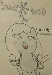 Size: 1884x2710 | Tagged: safe, derpibooru import, oc, oc:snowdrop, snowdrop (animation), atg 2023, colored pencil drawing, cutie mark, fanfic art, g4, image, jpeg, name, newbie artist training grounds, pen drawing, pencil drawing, signature, traditional art