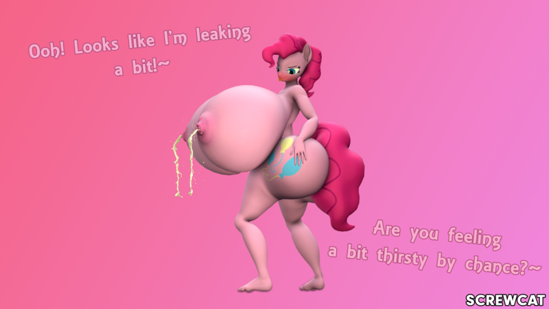Size: 3840x2160 | Tagged: questionable, artist:screwcat, derpibooru import, pinkie pie, anthro, earth pony, plantigrade anthro, 3d, bedroom eyes, big breasts, blushing, breast milk, breasts, busty pinkie pie, butt, female, flirting, gradient background, huge breasts, huge butt, hyper, hyper breasts, image, impossibly large breasts, impossibly large butt, lactation, large butt, milk, nipples, nudity, png, solo, solo female, source filmmaker, talking to viewer, thick