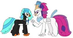 Size: 3177x1643 | Tagged: safe, artist:supahdonarudo, derpibooru import, queen novo, oc, oc:icebeak, classical hippogriff, hippogriff, my little pony: the movie, atg 2023, image, jewelry, looking at each other, looking at someone, necklace, newbie artist training grounds, png, simple background, transparent background