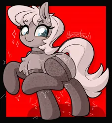 Size: 912x1006 | Tagged: safe, artist:llametsul, derpibooru import, ms. harshwhinny, earth pony, pony, atg 2023, clothes, cute, happy, image, newbie artist training grounds, png, signature, smiling, socks, solo, stockings, thigh highs, tight fit