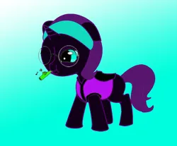 Size: 627x518 | Tagged: safe, artist:drunkendolphin77, derpibooru import, oc, oc:nyx, unofficial characters only, alicorn, pony, fanfic:past sins, alicorn oc, blue background, clothes, colored, fanfic art, female, filly, foal, glasses, gradient background, headband, horn, image, jpeg, kazoo, musical instrument, simple background, solo, vest, white background, wings