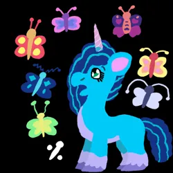 Size: 1000x1000 | Tagged: safe, artist:mintwhistle, derpibooru import, butterfly, insect, pony, unicorn, g5, adult blank flank, atg 2023, black background, blank flank, coat markings, colored hooves, cutie mark, female, image, mare, medibang paint, missing freckles, misty brightdawn, misty's cutie mark, newbie artist training grounds, open mouth, pale belly, png, simple background, socks (coat marking), solo, unshorn fetlocks
