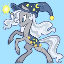 Size: 5000x5000 | Tagged: safe, artist:pilesofmiles, derpibooru import, star swirl the bearded, pony, unicorn, absurd resolution, cape, clothes, cloven hooves, female, flowing mane, glow, glowing horn, hat, horn, image, light blue background, magic, mare, multicolored hair, multicolored mane, png, rearing, rule 63, side view, simple background, smiling, smirk, solo, starswirl the unshorn, tall, witch, witch hat, wizard, wizard hat
