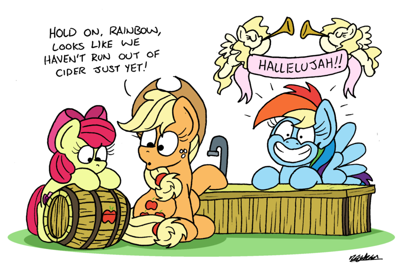 Size: 2514x1664 | Tagged: safe, artist:bobthedalek, derpibooru import, apple bloom, applejack, rainbow dash, earth pony, pegasus, pony, apple sisters, atg 2023, banner, barrel, cherub, cider, cider dash, female, freckles, happy, image, mare, newbie artist training grounds, png, siblings, sisters, smiling, that pony sure does love cider