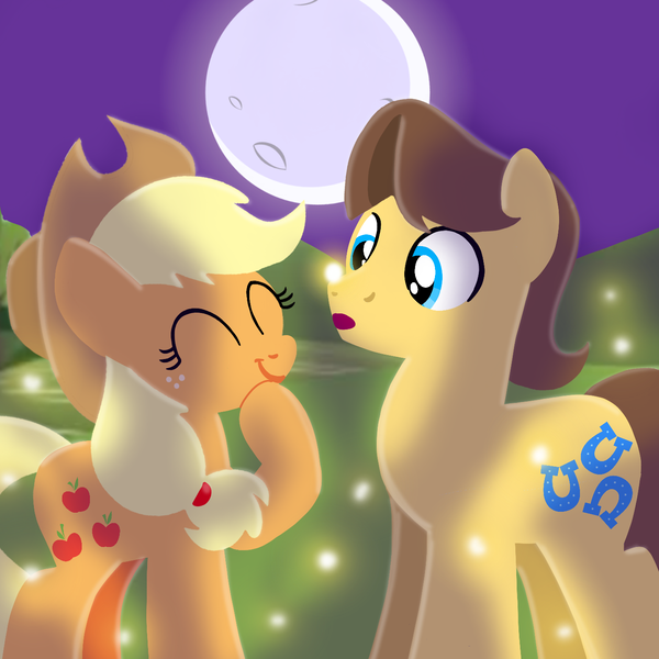 Size: 1400x1400 | Tagged: safe, artist:mlplary6, derpibooru import, applejack, caramel, earth pony, firefly (insect), insect, pony, animal, applejack's hat, carajack, cowboy hat, eyes closed, female, hat, image, male, mare, moon, night, png, shipping, sky, smiling, stallion, straight
