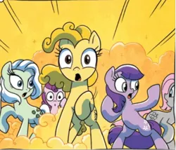 Size: 520x445 | Tagged: safe, artist:amymebberson, derpibooru import, idw, blossom, blue belle, butterscotch (g1), cotton candy (g1), minty (g1), snuzzle, earth pony, pony, g1, spoiler:comic, spoiler:comic16, comic, female, g1 to g4, g4, generation leap, image, mare, official comic, original six, png, preview