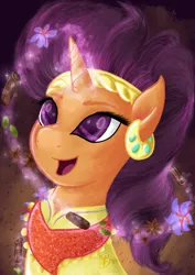 Size: 2480x3508 | Tagged: safe, artist:bethiebo, derpibooru import, saffron masala, pony, unicorn, spice up your life, female, glow, glowing horn, horn, image, magic, mare, open mouth, open smile, png, procreate app, smiling, solo, telekinesis