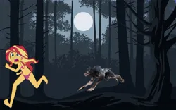 Size: 626x391 | Tagged: suggestive, derpibooru import, edit, sunset shimmer, human, werewolf, equestria girls, 1000 years in photoshop, barefoot, breasts, crying, feet, female, female prey, forest, forest background, hunting, image, jpeg, male, running, running away, soles, sunset prey, this will end in pain, tree
