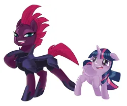 Size: 2150x1800 | Tagged: safe, artist:jackspicerchase, derpibooru import, tempest shadow, twilight sparkle, twilight sparkle (alicorn), alicorn, pony, unicorn, my little pony: the movie, armor, broken horn, concave belly, duo, eye scar, facial scar, female, folded wings, height difference, horn, image, mare, open mouth, physique difference, png, scar, simple background, slim, thin, white background, wings