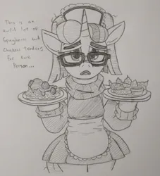 Size: 841x928 | Tagged: safe, artist:jargon scott, derpibooru import, moondancer, pony, unicorn, bipedal, chicken meat, chicken tenders, clothes, dialogue, female, food, frown, grayscale, image, jpeg, looking at you, maid, mare, meat, monochrome, open mouth, pasta, pencil drawing, plate, solo, spaghetti, talking to viewer, traditional art