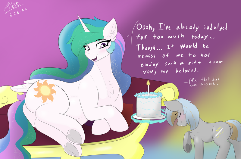 Size: 4700x3100 | Tagged: suggestive, artist:astrum, derpibooru import, princess celestia, oc, oc:shimmering saber, alicorn, pony, unicorn, abstract background, bedroom eyes, belly, belly button, blushing, bowing, butt, cake, cakelestia, candle, canon x oc, chest fluff, chubby, chubbylestia, crossed hooves, curvy, dialogue, digital art, ethereal hair, ethereal mane, ethereal tail, eyes closed, fainting couch, fat, feeding, female, food, furniture, guardlestia, image, kitchen eyes, large belly, large butt, larger female, leaning forward, levitation, lidded eyes, looking down, lying down, magic, male, missing accessory, open mouth, pillow, plot, png, raised hoof, rear view, royal guard, royal guard oc, shipping, short tail, size difference, smaller male, straight, stuffed, stuffed belly, tail, talking, telekinesis, tray, underhoof, wide hips