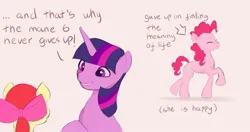 Size: 1200x633 | Tagged: safe, artist:pascal571, derpibooru import, apple bloom, pinkie pie, twilight sparkle, earth pony, pony, unicorn, dialogue, eyes closed, female, filly, foal, grin, image, jpeg, mare, pink background, simple background, smiling, text, trio, unicorn twilight