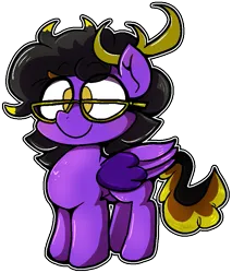 Size: 741x868 | Tagged: safe, artist:malachimoet, derpibooru import, oc, oc:dio, unofficial characters only, pony, adorable face, antlers, black and yellow tail, black hair, black tail, chibi, cute, glasses, image, male, male oc, males only, original character do not steal, outline, png, purple fur, simple background, solo, solo male, tail, transparent background, white outline, wings, yellow eyes, yellow highlights, yellow tail