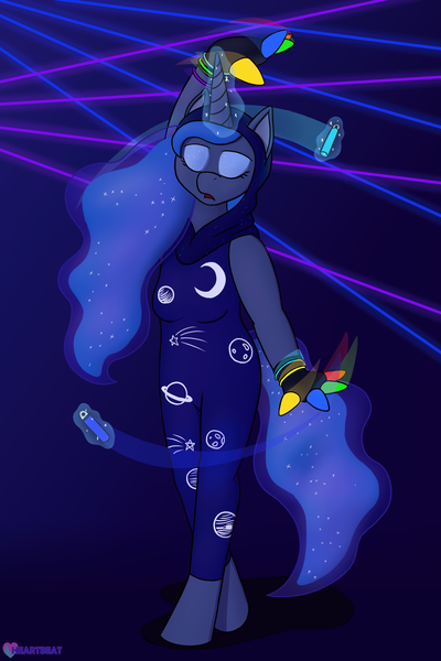 Size: 1800x2700 | Tagged: safe, artist:passionpanther, derpibooru import, princess luna, alicorn, anthro, pony, series:plur is magic, dancing, eyes closed, glowstick, hood, image, magic, neon, party, png, rave, solo, telekinesis