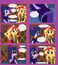 Size: 1808x2039 | Tagged: safe, derpibooru import, sci-twi, sunset shimmer, twilight sparkle, human, comic:a shimmering twilight, equestria girls, clothes, couch, dress, geode of empathy, glasses, humanized, image, magical geodes, png