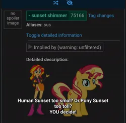 Size: 1080x1058 | Tagged: safe, derpibooru import, edit, sunset shimmer, pony, derpibooru, image, jpeg, meta, shitposting, size difference, you decide