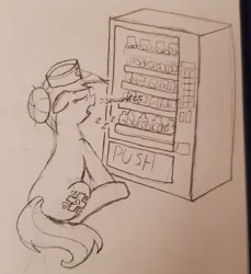 Size: 1849x2018 | Tagged: safe, artist:legendoflink, derpibooru import, nurse redheart, earth pony, pony, female, from behind, image, jpeg, mare, pencil drawing, sitting, sleeping, solo, traditional art, vending machine