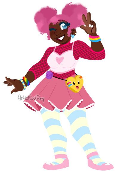 Size: 1435x2121 | Tagged: safe, artist:artistcoolpony, derpibooru import, pinkie pie, human, alternate hairstyle, bag, bracelet, clothes, cute, dark skin, diapinkes, ear piercing, earring, female, fishnet clothing, flats, grin, humanized, image, jewelry, nail polish, one eye closed, pansexual, pansexual pride flag, peace sign, piercing, png, pride, pride flag, shoes, short shirt, simple background, skirt, smiling, socks, solo, stockings, thigh highs, transparent background, wink, wristband