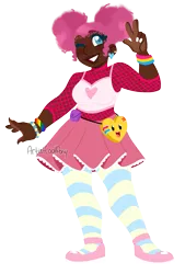 Size: 1435x2121 | Tagged: safe, artist:artistcoolpony, derpibooru import, pinkie pie, human, alternate hairstyle, bag, bracelet, clothes, cute, dark skin, diapinkes, ear piercing, earring, female, fishnet clothing, flats, grin, humanized, image, jewelry, nail polish, one eye closed, pansexual, pansexual pride flag, peace sign, piercing, png, pride, pride flag, shoes, short shirt, simple background, skirt, smiling, socks, solo, stockings, thigh highs, transparent background, wink, wristband