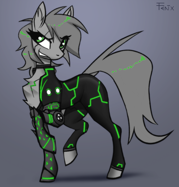 Size: 1520x1591 | Tagged: safe, artist:fenixdust, edit, oc, oc:fokienia, unofficial characters only, pony, fanfic:cypress zero, amputee, augmented, bodysuit, chest fluff, clothes, cybernetic legs, ear fluff, female, gradient background, image, mare, png, prosthetic leg, prosthetic limb, prosthetics, raised leg, seams, signature, solo, tron lines