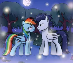 Size: 2247x1920 | Tagged: safe, artist:marakoru_luv, artist:marakoruluv, derpibooru import, rainbow dash, soarin', pegasus, pony, duo, female, folded wings, full moon, image, looking at each other, looking at someone, male, mare, moon, night, outdoors, png, shipping, smiling, smiling at each other, soarindash, stallion, straight, tree, wings
