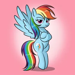 Size: 2200x2200 | Tagged: safe, artist:marakoru_luv, derpibooru import, rainbow dash, pegasus, pony, bipedal, female, gradient background, high res, image, jpeg, looking at you, mare, smiling, smiling at you, smirk, solo, spread wings, wings