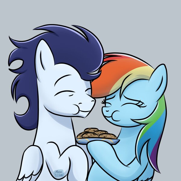 Size: 2200x2200 | Tagged: safe, artist:marakoru_luv, derpibooru import, rainbow dash, soarin', pegasus, pony, cookie, duo, eating, eyes closed, female, food, gray background, high res, holding, image, jpeg, male, mare, shipping, simple background, soarindash, stallion, straight