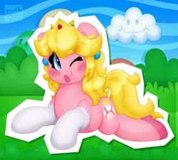 Size: 4000x3601 | Tagged: safe, artist:partylikeanartist, derpibooru import, ponified, earth pony, pony, blushing, clothes, cloud, crown, ear piercing, earring, gloves, grass, high heels, image, jewelry, lipstick, looking at you, lying down, nintendo, one eye closed, piercing, png, princess peach, prone, redraw, regalia, shoes, sky, solo, sploot, super mario bros., wink, winking at you