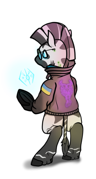 Size: 1956x3606 | Tagged: safe, artist:capt-sierrasparx, derpibooru import, oc, oc:zb, zebra, clothes, cyberpunk, hologram, image, jacket, leather, leather jacket, neon, png, projection, prosthetic eye, prosthetics, sunglasses