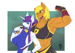 Size: 1200x848 | Tagged: safe, artist:zwitterkitsune, applejack, rarity, anthro, earth pony, unicorn, abs, applejacked, clothes, female, image, lesbian, muscles, muscular female, png, rarijack, shipping, street fighter, street fighter 6