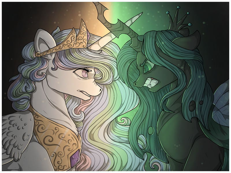 Size: 1280x960 | Tagged: safe, artist:binibean, derpibooru import, princess celestia, queen chrysalis, alicorn, changeling, changeling queen, pony, a canterlot wedding, crossed horns, female, glare, gradient background, gritted teeth, horn, horns are touching, image, looking at each other, looking at someone, mare, png, scene interpretation, teeth