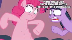 Size: 1920x1080 | Tagged: suggestive, derpibooru import, edit, edited screencap, screencap, pinkie pie, twilight sparkle, twilight sparkle (alicorn), alicorn, earth pony, pony, a trivial pursuit, caption, duo, faic, female, fetish fuel, hungry, image, image macro, jpeg, looking at belly, mare, nervous sweat, stomach growl, stomach noise, text, tummy poke