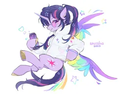 Size: 3412x2634 | Tagged: safe, artist:spoosha, derpibooru import, twilight sparkle, twilight sparkle (alicorn), alicorn, pony, candy, clothes, colored wings, cutie mark, cutie mark on clothes, female, food, glasses, hoof hold, image, implied lesbian, jacket, jewelry, lollipop, mare, moon, multicolored wings, png, rainbow wings, round glasses, simple background, soda can, solo, sparkles, stars, sunset shimmer's cutie mark, underhoof, white background, wings