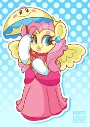 Size: 2849x4000 | Tagged: safe, artist:partylikeanartist, derpibooru import, fluttershy, parasol, ponified, pegasus, pony, bipedal, clothes, cosplay, costume, crossover, dress, ear piercing, earring, gloves, image, jewelry, lipstick, piercing, png, princess peach, solo, super mario bros., umbrella