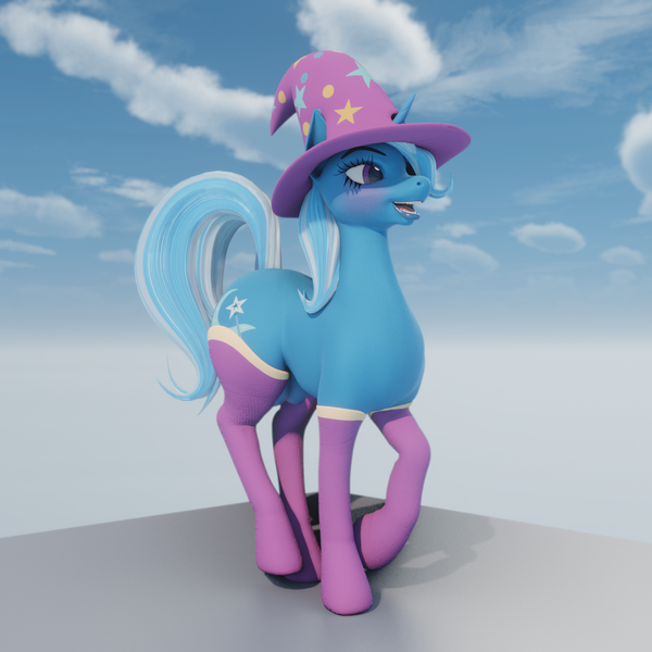 Size: 1920x1920 | Tagged: questionable, artist:sunsetsarsaparilla, derpibooru import, trixie, pony, unicorn, 3d, 3d model, blender, canines, clothes, crotchboobs, female, hat, image, mare, nudity, png, socks, solo, solo female, teats, trixie's hat