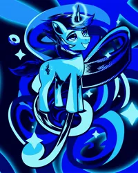 Size: 3277x4096 | Tagged: safe, artist:poxy_boxy, derpibooru import, oc, unofficial characters only, pony, unicorn, abstract background, bluescale, commission, glow, glowing horn, grin, horn, image, jpeg, looking up, monochrome, smiling, solo