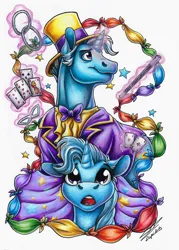Size: 2498x3498 | Tagged: safe, artist:lupiarts, derpibooru import, jack pot, trixie, pony, unicorn, cape, clothes, copic, cute, drawing, family, father and child, father and daughter, female, filly, foal, illustration, image, jpeg, looking up, magic, male, markers, traditional art, trixie's cape