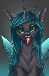 Size: 1300x2000 | Tagged: safe, artist:kirby_orange, derpibooru import, queen chrysalis, changeling, changeling queen, bust, concave belly, crown, fangs, female, glow, glowing eyes, glowing wings, gray background, image, insect wings, jewelry, lidded eyes, lighting, looking at you, makeup, open mouth, open smile, png, portrait, raised hoof, raised hooves, rearing, regalia, shading, simple background, slim, slit pupils, smiling, smiling at you, solo, solo female, solo focus, spread wings, sternocleidomastoid, teeth, tongue out, wings