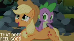 Size: 2000x1125 | Tagged: safe, derpibooru import, edit, edited screencap, editor:quoterific, screencap, applejack, spike, spike at your service, image, png