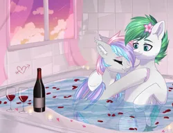 Size: 1433x1101 | Tagged: safe, artist:freyamilk, derpibooru import, oc, oc:dreamer skies, oc:dreamyway skies, bat pony, pegasus, pony, alcohol, bat pony oc, bat wings, bathroom, bathtub, bottle, brother and sister, candle, cloud, commission, cuddling, curtains, ear fluff, ear tufts, eyebrows, eyelashes, eyes closed, fangs, female, flower, flower in hair, glass, hair accessory, image, incest, male, mare, oc x oc, pegasus oc, petals, png, romantic, rose petals, shipping, sibling love, siblings, stallion, sunset, tiled background, water, window, wine, wine bottle, wine glass, wings, ych result