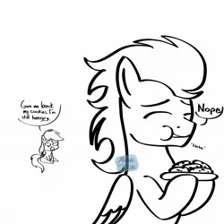 Size: 2048x2048 | Tagged: safe, artist:marakoruluv, derpibooru import, rainbow dash, soarin', pegasus, pony, black and white, cookie, eating, female, food, grayscale, image, jpeg, male, mare, monochrome, preggo dash, pregnant, shipping, simple background, soarindash, stallion, straight