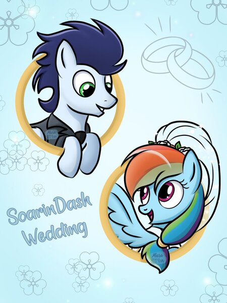 Size: 675x900 | Tagged: safe, artist:marakoru_luv, derpibooru import, rainbow dash, soarin', pegasus, pony, bride, female, groom, husband and wife, image, jpeg, male, mare, marriage, married couple, shipping, soarindash, stallion, straight, wedding