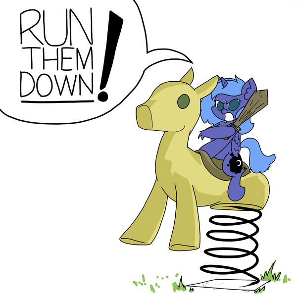 Size: 3508x3508 | Tagged: safe, artist:ponny, derpibooru import, princess luna, alicorn, pony, angry, colored, female, filly, foal, image, png, simple background, solo, speech bubble, sword, weapon, white background, wooden sword, woona, younger