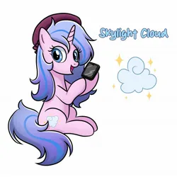 Size: 2048x2048 | Tagged: safe, artist:marakoru_luv, derpibooru import, oc, oc:skylight cloud, pony, unicorn, female, hat, image, jpeg, mare, simple background, smiling