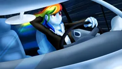 Size: 4000x2250 | Tagged: safe, artist:sixes&sevens, derpibooru import, rainbow dash, fanfic:the sunset archives, equestria girls, car, clothes, fanfic art, female, image, jacket, leaning back, leather, leather jacket, png, solo, steering wheel